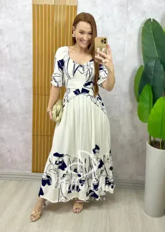 Vestido Rafaela em viscolinho - Branco estampado - Milla Chic