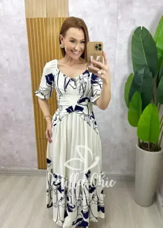 Vestido Rafaela em viscolinho - Branco estampado - Milla Chic