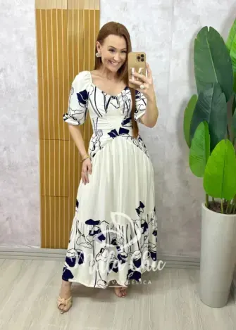 Vestido Rafaela em viscolinho - Branco estampado - Milla Chic