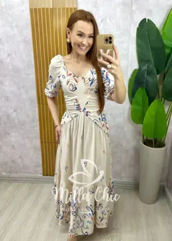 Vestido Rafaela em viscolinho - Natural estampado - Milla Chic