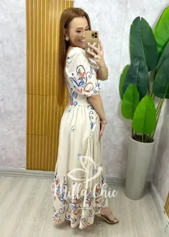 Vestido Rafaela em viscolinho - Natural estampado - Milla Chic