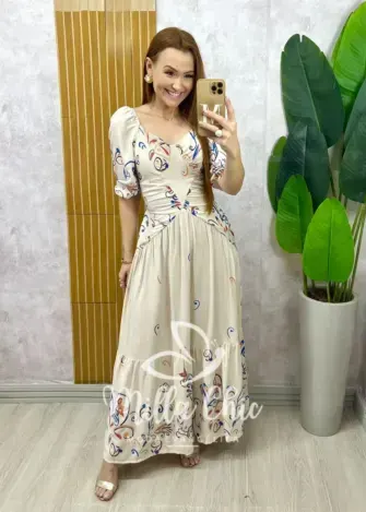 Vestido Rafaela em viscolinho - Natural estampado - Milla Chic
