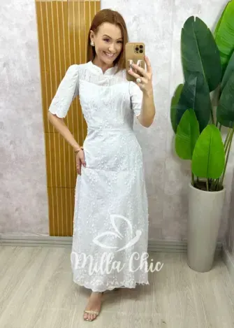 Vestido Longo Carolina  em Lesie bordada - Branco - Milla Chic