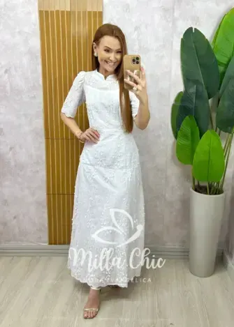 Vestido Longo Carolina  em Lesie bordada - Branco - Milla Chic
