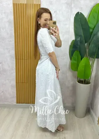 Vestido Longo Carolina  em Lesie bordada - Branco - Milla Chic