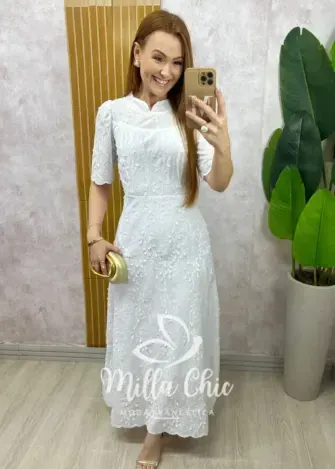Vestido Longo Carolina  em Lesie bordada - Branco - Milla Chic