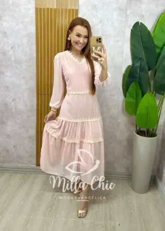 Vestido Fabiane em chiffon - Rosa delicate - Milla Chic