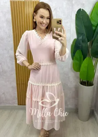 Vestido Fabiane em chiffon - Rosa delicate - Milla Chic