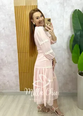 Vestido Fabiane em chiffon - Rosa Pó - Milla Chic