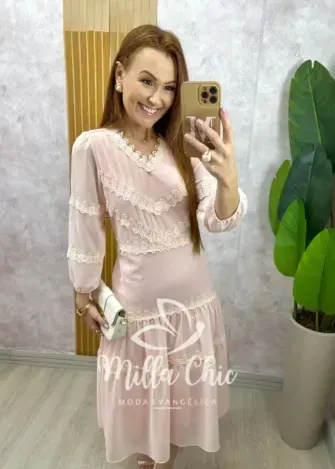 Vestido Fabiane em chiffon - Rosa Pó - Milla Chic