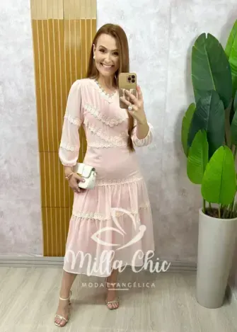 Vestido Fabiane em chiffon - Rosa Pó - Milla Chic