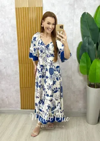 Vestido Catarina em viscosarja estampado azul marinho - Milla Chic