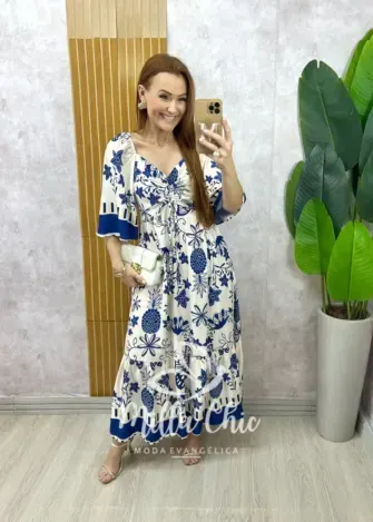 Vestido Catarina em viscosarja estampado azul marinho - Milla Chic