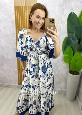 Vestido Catarina em viscosarja estampado azul marinho - Milla Chic