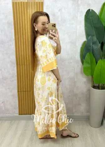 Vestido Catarina em viscosarja estampado amarelo - Milla Chic