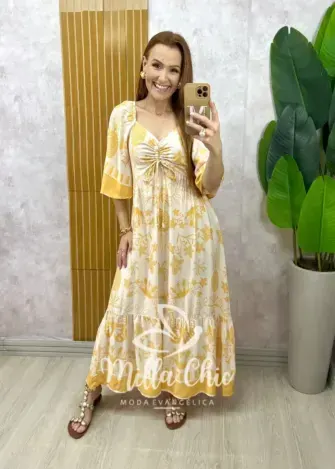 Vestido Catarina em viscosarja estampado amarelo - Milla Chic