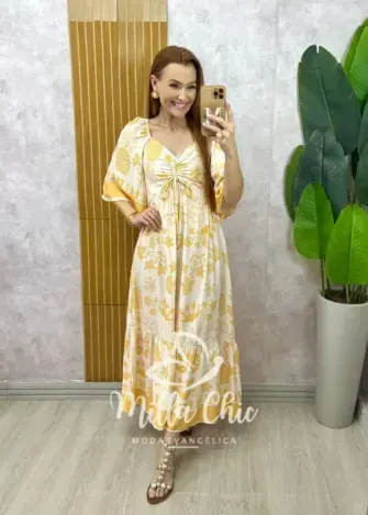 Vestido Catarina em viscosarja estampado amarelo - Milla Chic