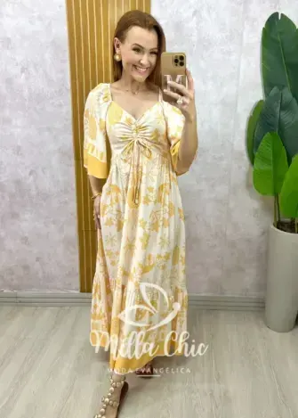 Vestido Catarina em viscosarja estampado amarelo - Milla Chic