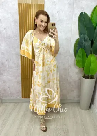 Vestido Catarina em viscosarja estampado amarelo - Milla Chic