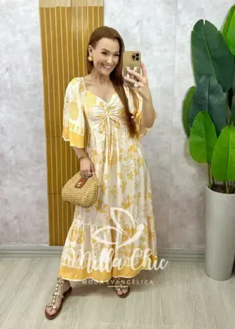 Vestido Catarina em viscosarja estampado amarelo - Milla Chic