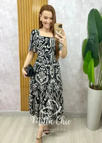 Vestido Fernanda em viscolinho – Fundo preto – Milla Chic Vestido Fernanda em viscolinho - Fundo preto - Milla Chic