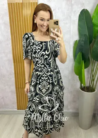 Vestido Fernanda em viscolinho - Fundo preto - Milla Chic
