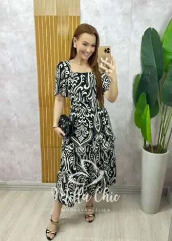 Vestido Fernanda em viscolinho - Fundo preto - Milla Chic