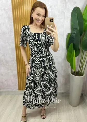 Vestido Fernanda em viscolinho - Fundo preto - Milla Chic