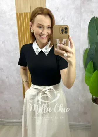 Blusa Juliana com gola preta - Milla Chic
