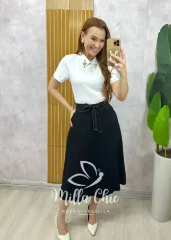 Saia Minerva em alfaiataria - Preto - Milla Chic