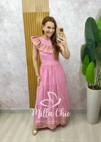 Vestido Dalva em lesie bordado - Rose - Milla Chic