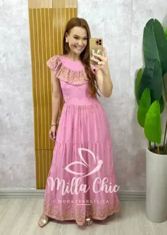 Vestido Dalva em lesie bordado - Rose - Milla Chic