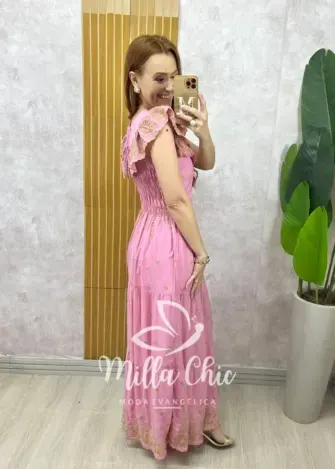 Vestido Dalva em lesie bordado - Rose - Milla Chic