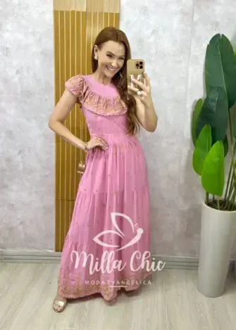 Vestido Dalva em lesie bordado - Rose - Milla Chic