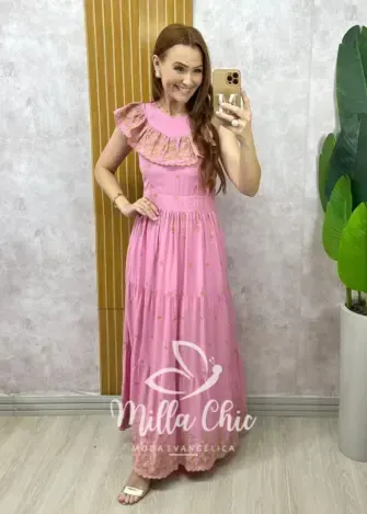 Vestido Dalva em lesie bordado - Rose - Milla Chic