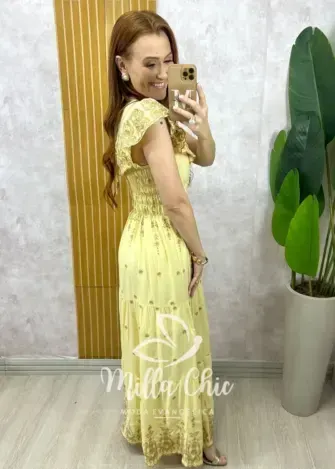 Vestido Dalva em lesie borado - Amarelo manteiga - Milla Chic