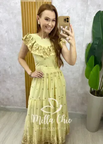 Vestido Dalva em lesie borado - Amarelo manteiga - Milla Chic