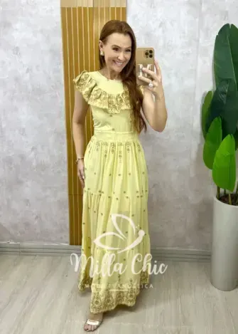 Vestido Dalva em lesie borado - Amarelo manteiga - Milla Chic