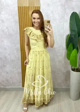 Vestido Dalva em lesie borado - Amarelo manteiga - Milla Chic