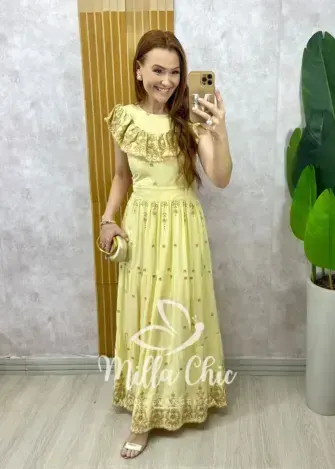 Vestido Dalva em lesie borado - Amarelo manteiga - Milla Chic
