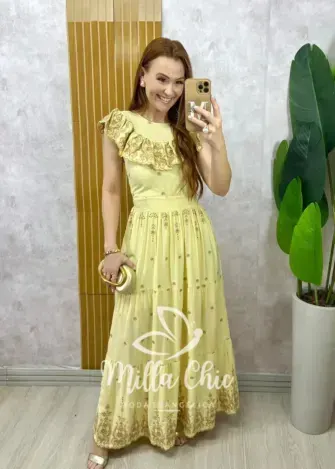 Vestido Dalva em lesie borado - Amarelo manteiga - Milla Chic