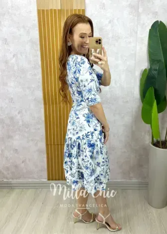 Vestido Cássia em linho branco estampado - Milla Chic
