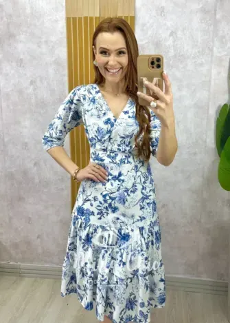Vestido Cássia em linho branco estampado - Milla Chic