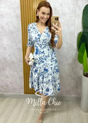 Vestido Cássia em linho branco estampado - Milla Chic