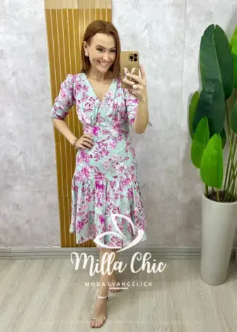Vestido Cássia em linho menta - estampado - Milla Chic