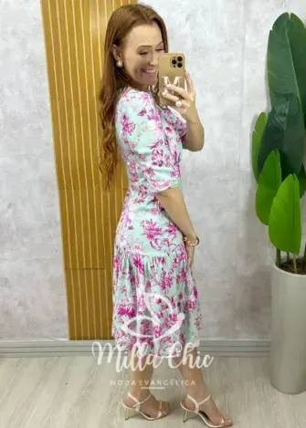 Vestido Cássia em linho menta - estampado - Milla Chic
