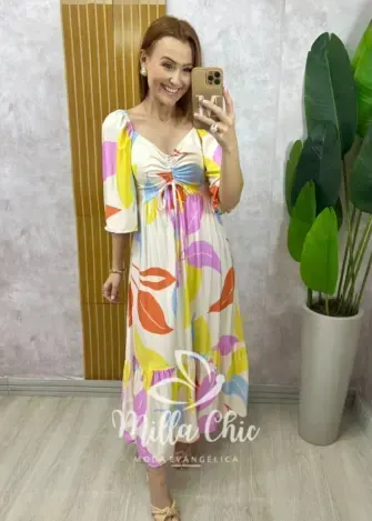 Vestido Catarina em viscosarja - Off  estampa abstrata - Milla Chic