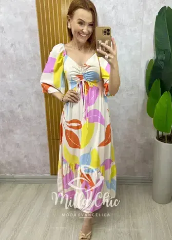 Vestido Catarina em viscosarja - Off  estampa abstrata - Milla Chic