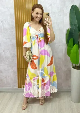 Vestido Catarina em viscosarja - Off  estampa abstrata - Milla Chic