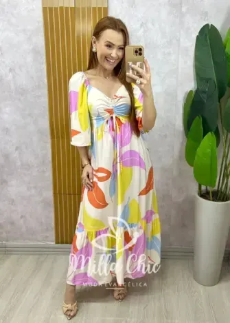 Vestido Catarina em viscosarja - Off  estampa abstrata - Milla Chic
